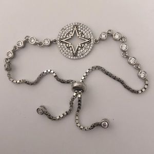 925 Silver slider bracelet compass star clear cz zirconia stones adjustable